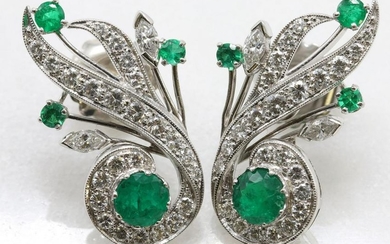 Platinum Emerald and Diamond Spray Earrings