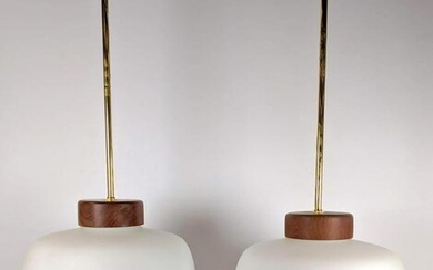 Pr 1960's Italian White Glass and Walnut Pendant lamps.