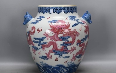Qianlong period of the Qing Dynasty: blue and white and agate red five-dragon amphora