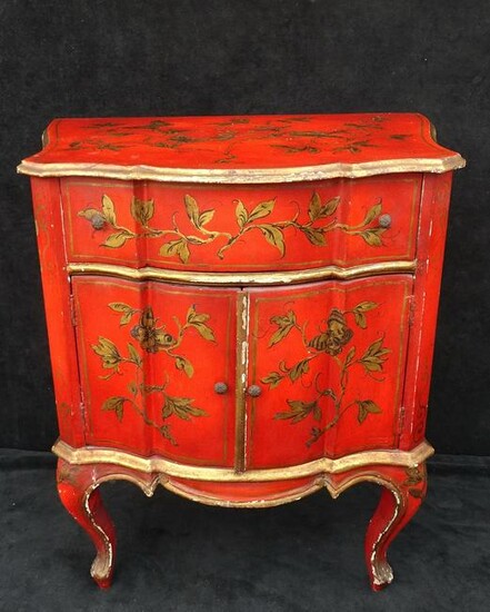 RED CHINOISERIE DECORATED CABINET 29"H 26"W 17"D