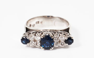 RING, 18 k white gold, 3 faceted sapphires, 8 brilliant cut diamonds total approx 0,40 ct, Atelier Ajour Ab, Stockholm, (not legible annual stamp).