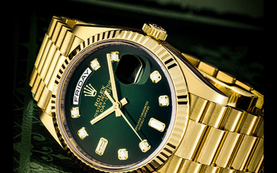 ROLEX. AN 18K GOLD AND DIAMOND-SET AUTOMATIC WRISTWATCH WITH SWEEP CENTRE SECONDS, DAY, DATE, AND BRACELET DAY-DATE MODEL, REF. 128238, CIRCA 2019