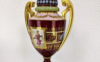 ROYAL VIENNA Lidded Handled Urn. Porcelain vase with fi