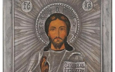 RUSSIAN JESUS CHRIST TRAVEL ICON IN SILVER RIZA