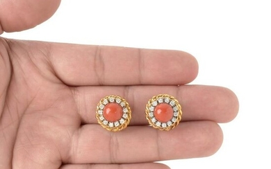 Red Coral, Diamond and 18K Earrings