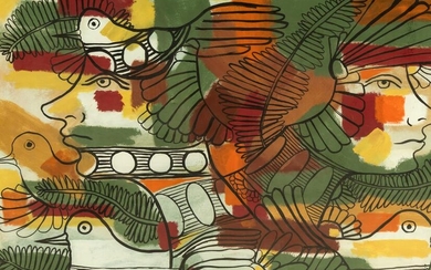 Rene Portocarrero 1912-1985 Olmec Gouache Painting