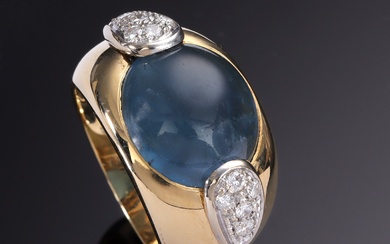 Retro aquamarine and brilliant ring of 14 kt. gold, approx. 1970-80s