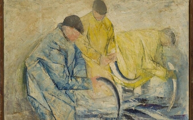 Robin Wylie, Irish, late-20th century- Three fishermen (with portrait of a man on the reverse); oil on canvas, 56 x 68.5 cm (ARR) Provenance: gifted by the artist to the present owner Note: Robin Wylie studied fine art at Belfast College of Art...