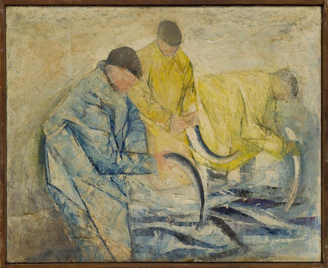 Robin Wylie, Irish, late-20th century- Three fishermen (with portrait of a man on the reverse); oil on canvas, 56 x 68.5 cm (ARR) Provenance: gifted by the artist to the present owner Note: Robin Wylie studied fine art at Belfast College of Art...