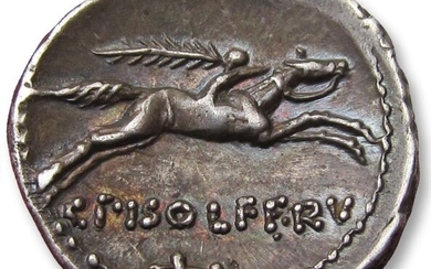 Roman Republic. L. Calpurnius Piso L.f. L.n. Frugi, 90 BC. Silver Denarius,Rome mint 67 B.C. - control numbers CVI and dagger?, high quality coin