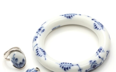 SOLD. Royal Copenhagen: "Blue fluted" porcelain and sterling silver bangle, pendant and ring . Inside...