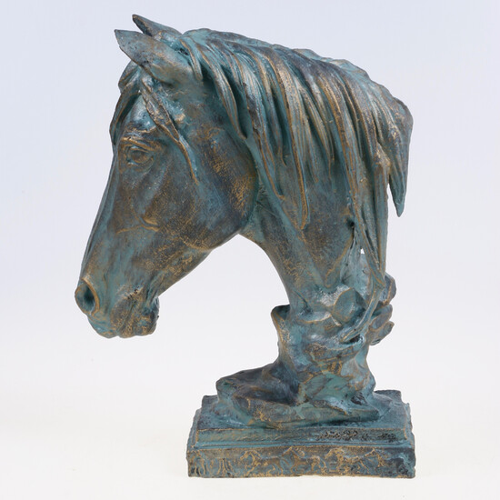 SCULPTURE, patinated cast iron, horse head, contemporary.