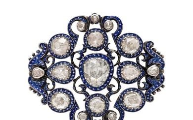 SILVER-TOPPED GOLD, DIAMOND AND ENAMEL BROOCH