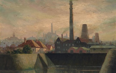 STEPHEN SIMS St Peters, Industrial Area, 1952 oil on board...