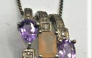 STERLING 3-BAND PENDANT With AMETHYST, OPAL On CHAIN