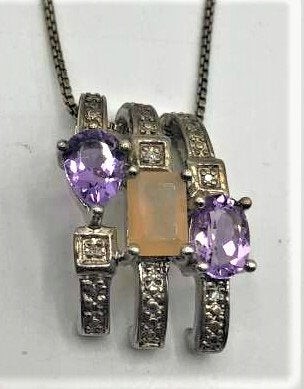 STERLING 3-BAND PENDANT With AMETHYST, OPAL On CHAIN