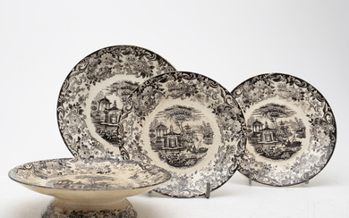 Salver and three dishes in printed earthenware by Pickman from Cartuja de Sevilla, 19th Century-early 20th Century.