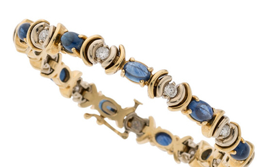 Sapphire, Diamond, Gold Bracelet The bracelet features oval-shaped sapphire...