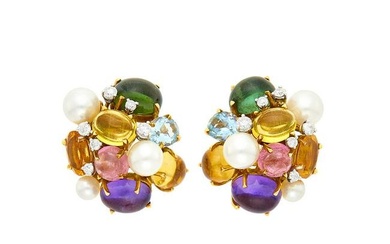 Seaman Schepps Pair of Gold, Cabochon Colored Stone, Diamond and Cultured Pearl 'Bubble' Cluster