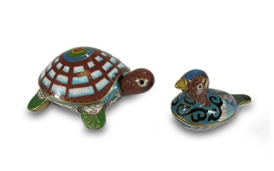 Set of 2 cloisonne turtle & bird statues