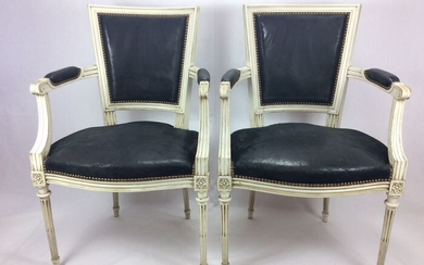 Set of Louis Seize armchairs (2) - Louis XVI Style - Leather, Wood, lacquered - 19th century