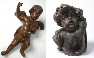 Set of two sculptures including: a "Angelot" and a "Bust of Putto" in carved wood. Period: 17th century. (* and **). H.:42 and 59cm.