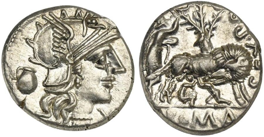 Sex. Pompeius Fostlus, Denarius, Rome, 137 BC. AR (g 3,93; mm 20; h 9). Helmeted head of Roma r.; capis to l., denomination mark before, Rv. She-wolf standing r., head l., suckling the twins (Remus and Romulus); to l., shepherd Faustulus standing r.;...