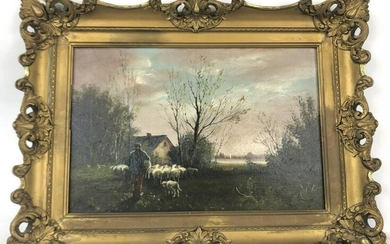 Shepherd with Flock Oil on canvas, signed (LR) Image
