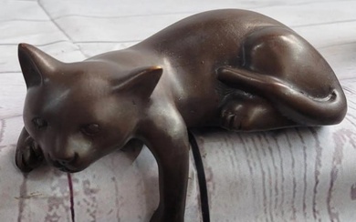 Signed Original Content Kitten Bronze Sculpture - 3" x 5"