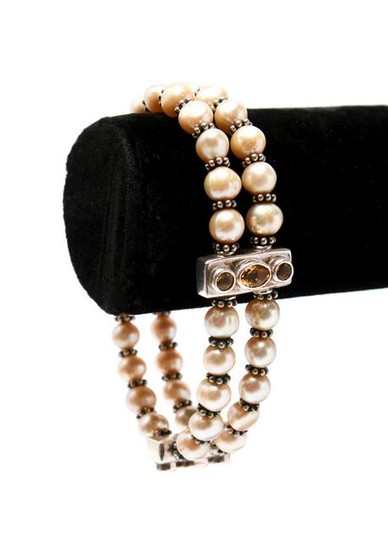 Silver Citrine & Pearls Double Strand Bracelet