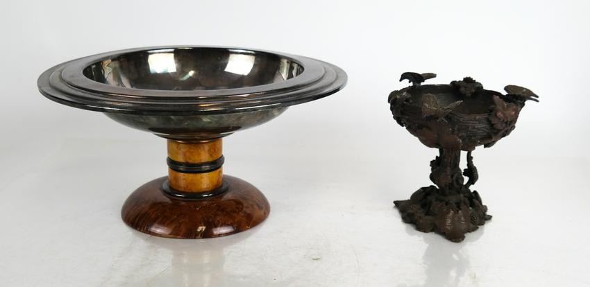 Silver Plate & Wood Compote & Bronze Bird Bath