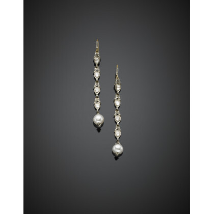 Silver and 9K gold pendant earrings with rose and single cut diamonds and holding two mm 8.60/8.80 circa pearls, g…Read more