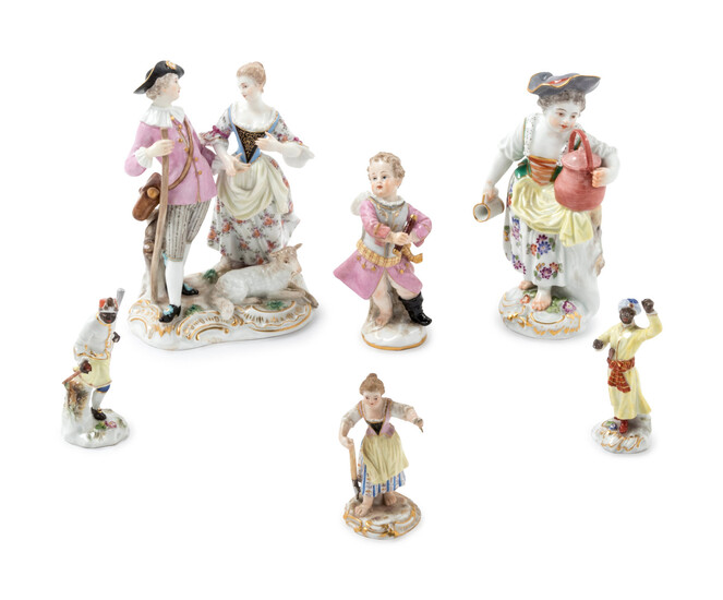 Six Meissen Painted and Parcel Gilt Porcelain Figures