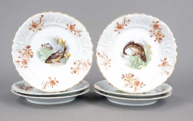 Six fish plates, w. Thuringia, 20th c., of curved form, in the mirror various polychrome