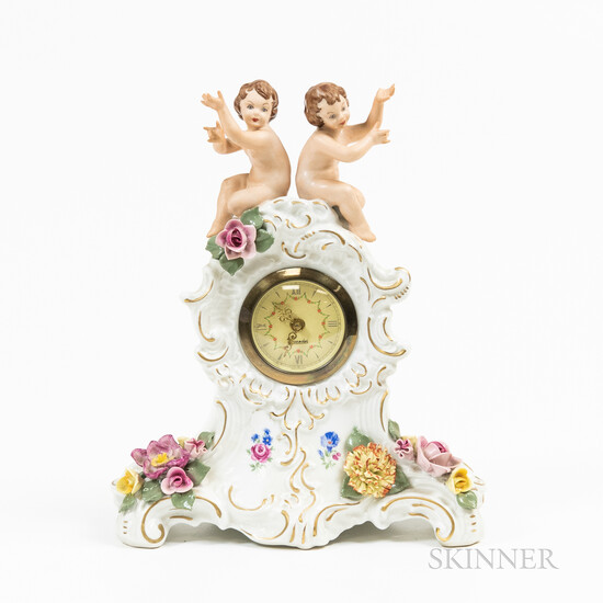 Small Dresden Porcelain Mantel Clock with Putti