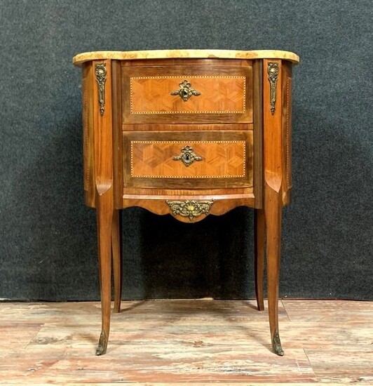 Small chest of drawers - Louis XV style - Marble, In precious wood marquetry on all sides - Late 19th century