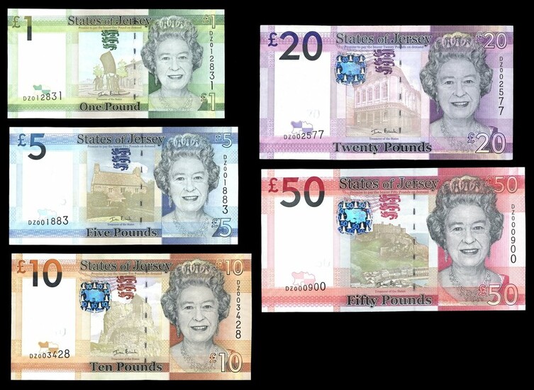 States of Jersey, a set of replacements from 2010 issue, including £1, £5, £10, £20 and £50, (B...