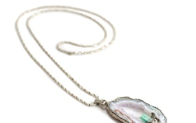 Sterling Silver Amethyst Druzy Necklace and pendant w/ blue green raw Aquamarine