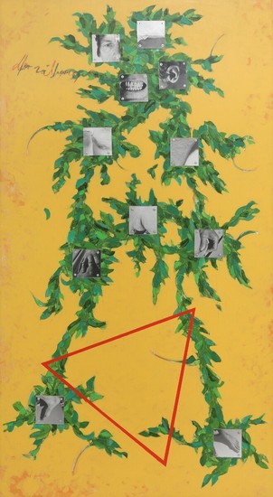 Sven Dalsgaard: “Selvportræt. Ud fra sandet ind i busken”, 1988–89. Signed, titled and dated on the reverse. Acrylic and mixed media on board. 179×99 cm.