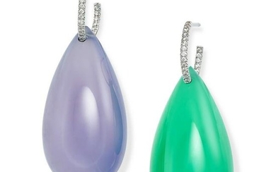 TAFFIN, A PAIR OF CHALCEDONY AND DIAMOND DROP EARRINGS in 18ct white gold, each earring with a round