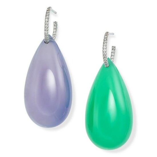 TAFFIN, A PAIR OF CHALCEDONY AND DIAMOND DROP EARRINGS in 18ct white gold, each earring with a round