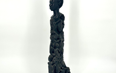 TANZANIAN SPLENDOR: LARGE HAND-CARVED MAKONDE SCULPTURE - THE FAMILY TREE OF LIFE IN ARTISTIC TRADITION.