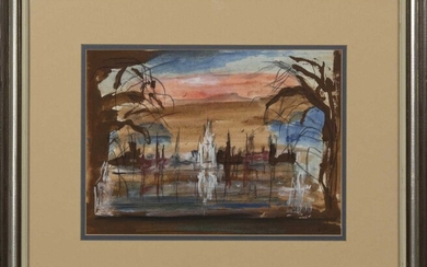 TAY STREET, PERTH, ACROSS FROM THE RIVER, A MIXED MEDIA BY SIR NICHOLAS FAIRBAIRN
