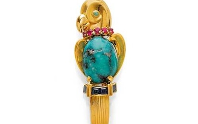 TURQUOISE AND MULTIGEM CLIP BROOCH, France, ca. 1960.