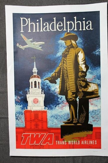 TWA Philadelphia - Art by Swanson (1950's) 25.2" x