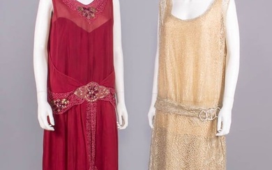 TWO BEADED SILK OR LAME' LACE EVENING DRESSES, c. 1925
