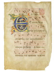 TWO GEESE, historiated initial 'E' on a leaf from an illuminated Gradual on vellum [Florence, c.1390]