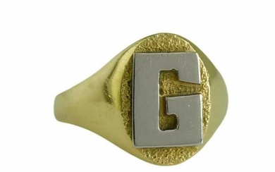 TWO TONE 14K YELLOW AND WHITE GOLD BLOCK LETTER G RING Vintage Custom Made Two Tone 14K Yellow