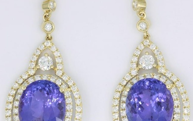 Tanzanite Diamond Dangle Earrings 13.13 Carats 18K Yellow Gold