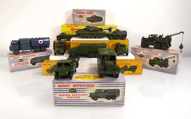 Ten Dinky military models: 641 Army 1 ton cargo truck,...